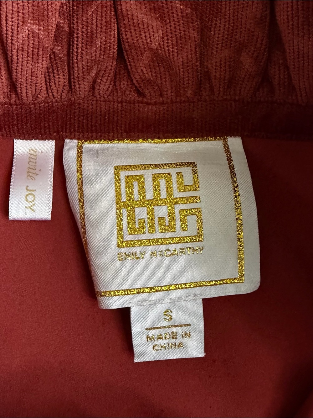 Emily McCarthy Corduroy Dress Rust Geometric Embossed Puff Sleeve Smocked S - Picture 2 of 6